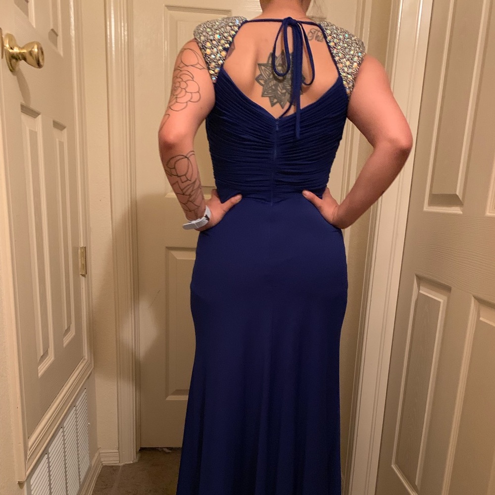 Blue formal dress with cap sleeves